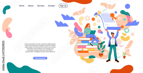 Website banner for business partnership and business collaboration with business people executing commercial project. Signing documents, transaction and negotiation, flat vector illustration.