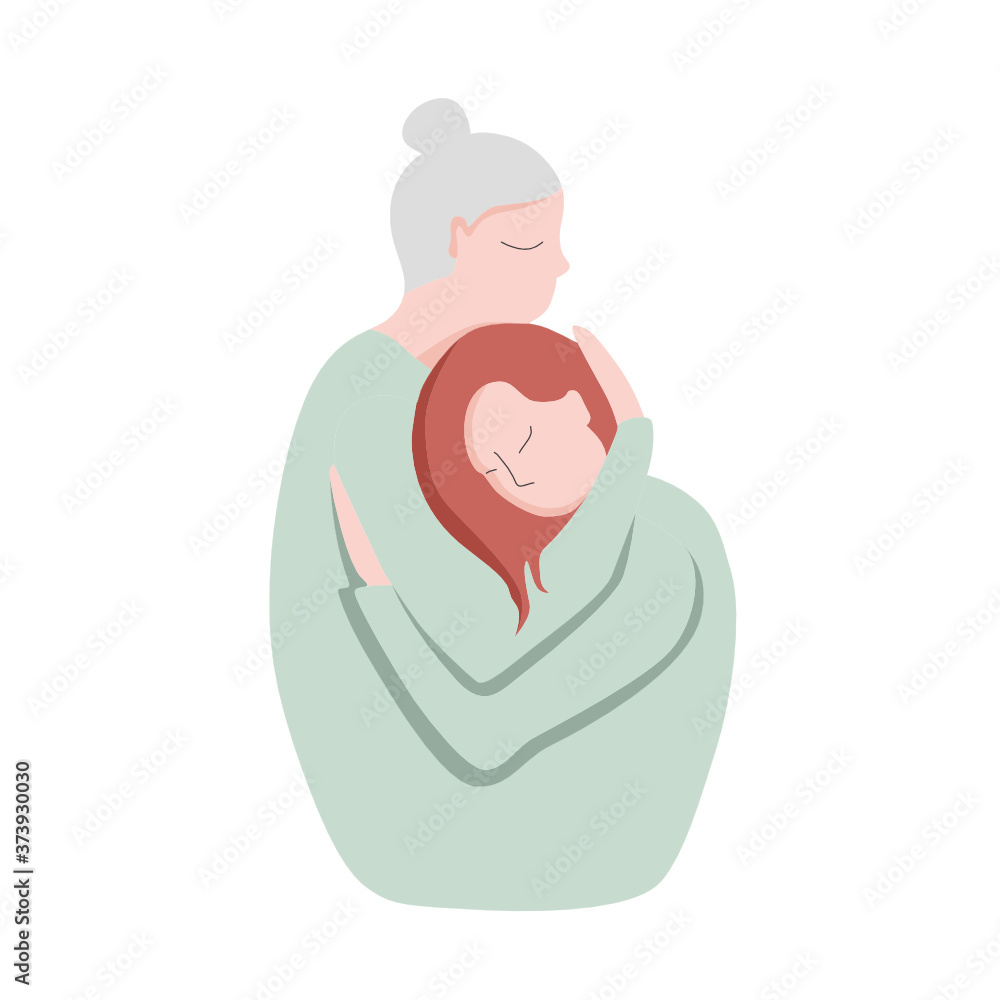 Vector illustration of family support. Mom hugging her daughter. Flat, isolated design Vector illustration of family support. Mom hugging her daughter. Flat, isolated design