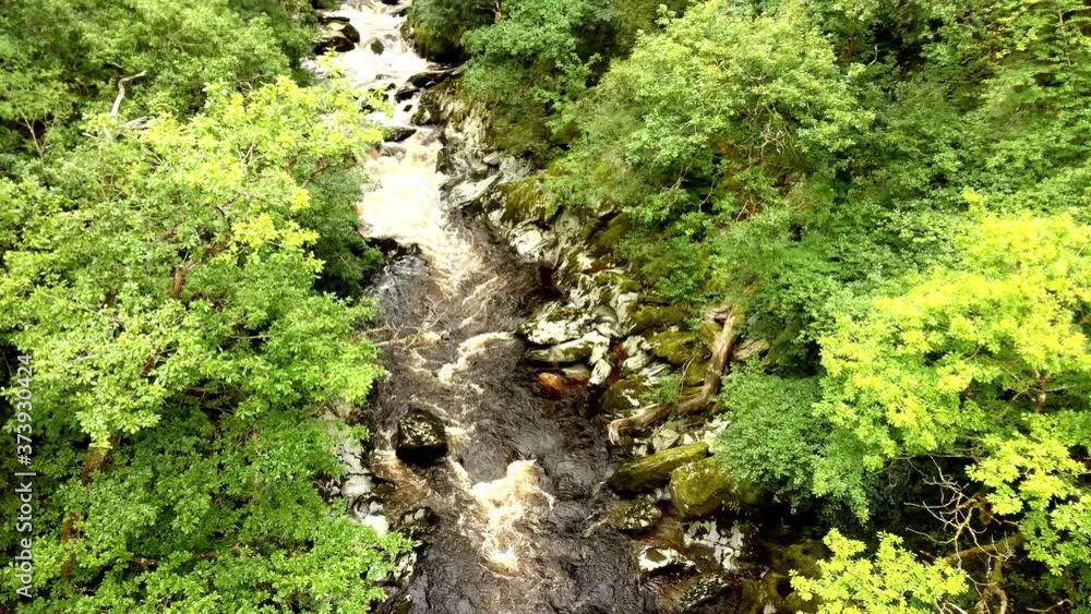 Aerial lowering view of beautiful river in forest. Aerial lowering view of beautiful river in forest.