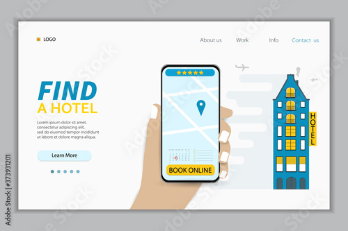 Hand holding smartphone at hotel search and booking online with rating review stars. Mobile app hostel searching detailed and reservation application interface. Vector illustration.