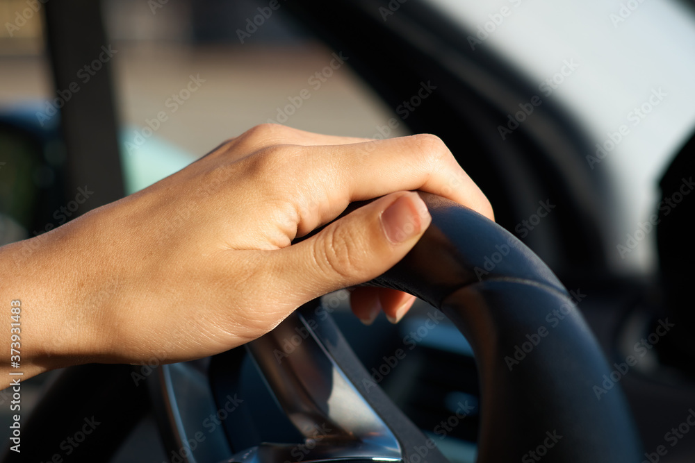 Women's hands on the wheel. Cars interior Women's hands on the wheel. Cars interior