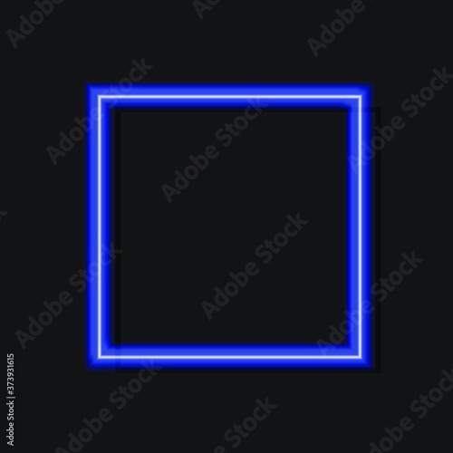Vector neon blue square blank frame isolated on black background, geometrical shape with shadow, realistic illustration.
