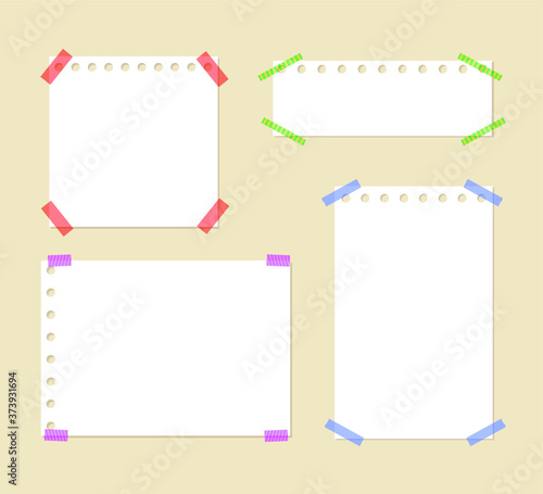 Vector notebook pages attached by colorful stick tapes, isolated illustration, blank frames, office supplies concept.
