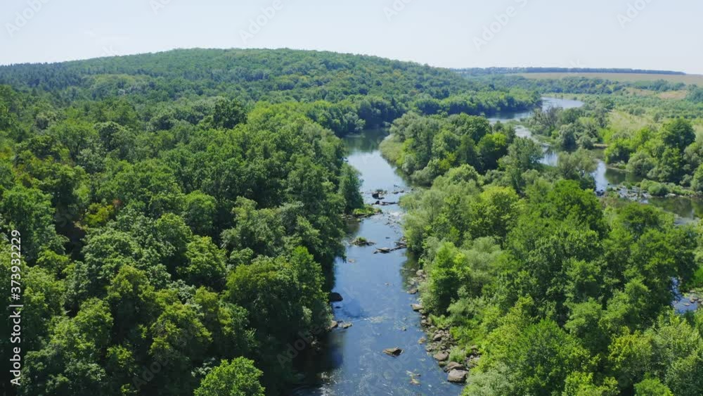Green forest. Small river captured from above with a drone. Aerial view video. Summer landscape video. Green forest. Small river captured from above with a drone. Aerial view video. Summer landscape video.