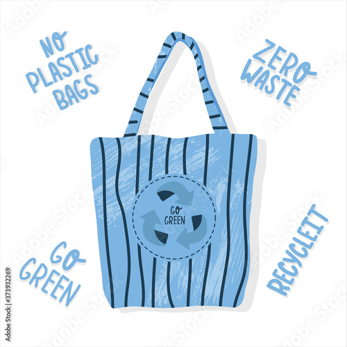 Eco-friendly fabric shopping bag. Krncept is reusable without waste. Zero waste. A grocery bag. Vector stock illustration on isolated white background. Hand-drawn style. Flat design.
