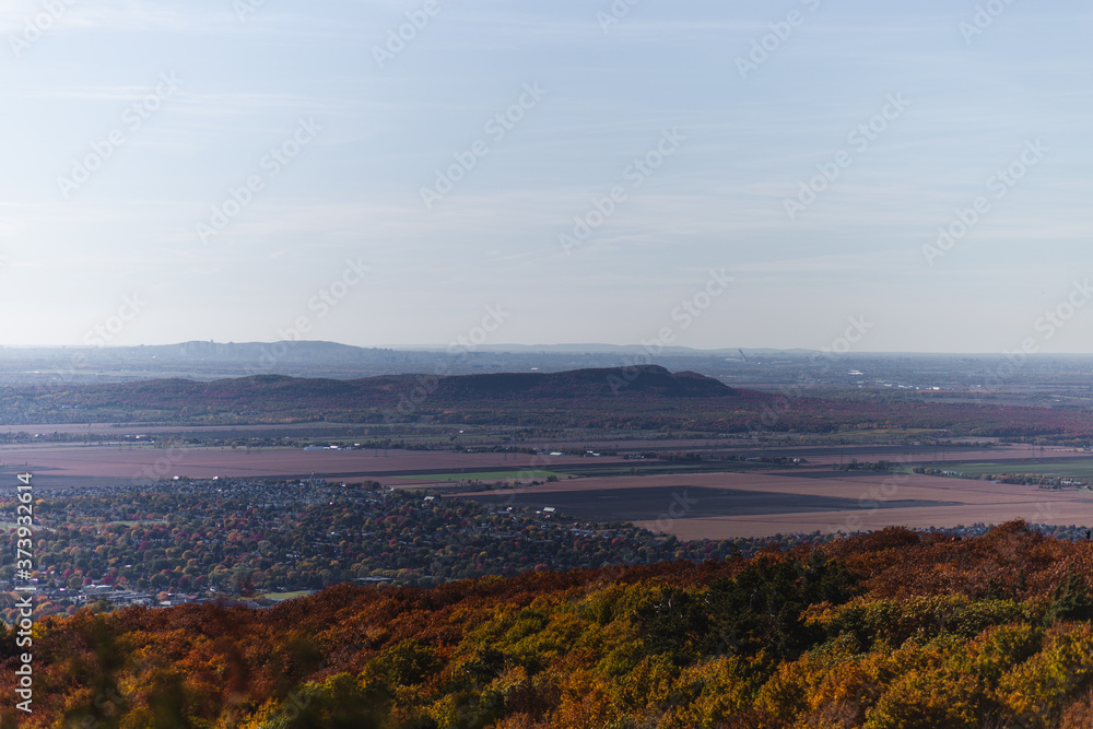 top of a hill with a colourful forest below on a smokey day top of a hill with a colourful forest below on a smokey day