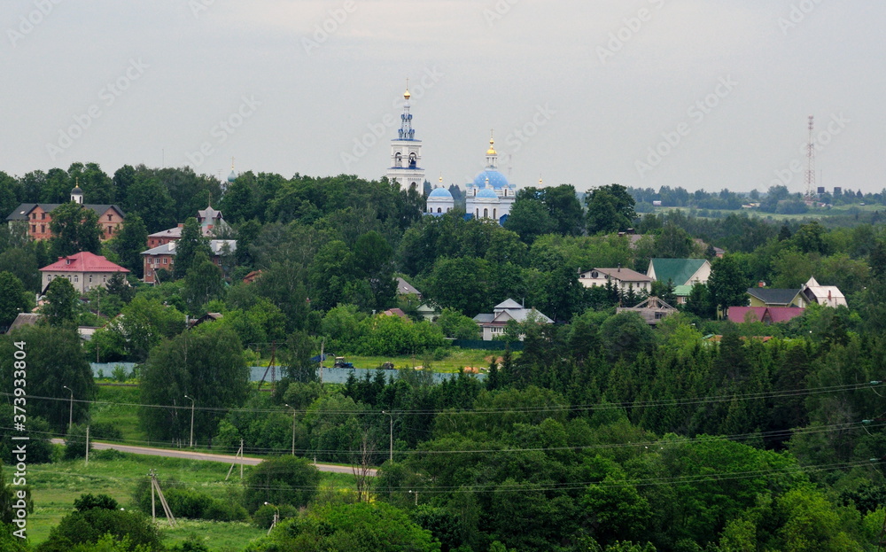 View from the Orthodox monastery on a cloudy summer morning. Moscow region. Russia.