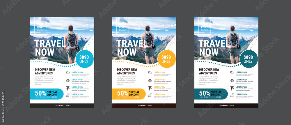 Travel poster or flyer pamphlet brochure design layout space for photo background. Yellow Travel flyer template for travel agency - obrazy, fototapety, plakaty 