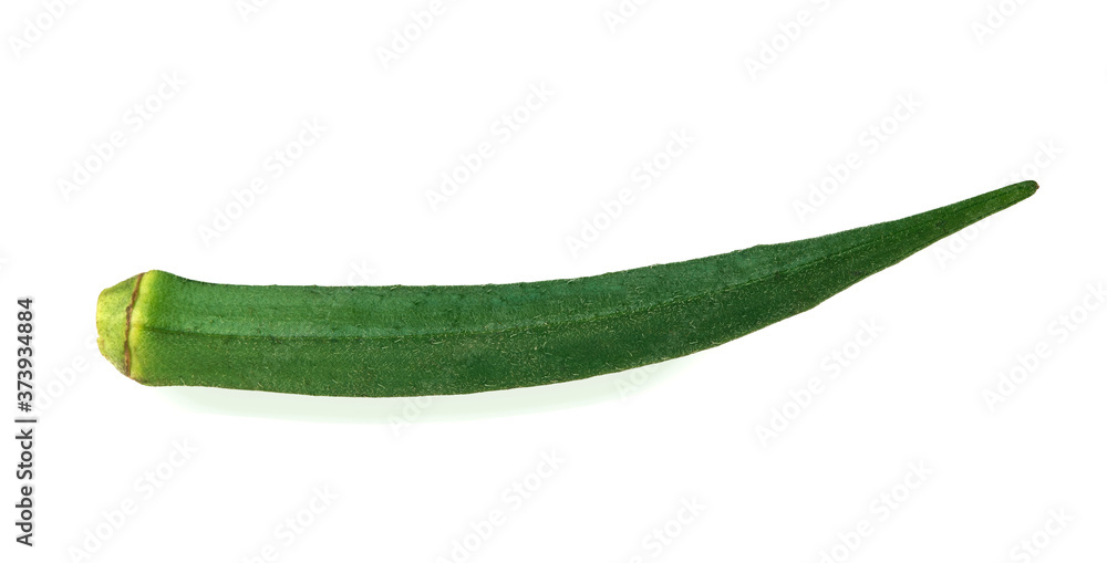 Green single Okra isolated on white background. Studio macro shot Green single Okra isolated on white background. Studio macro shot