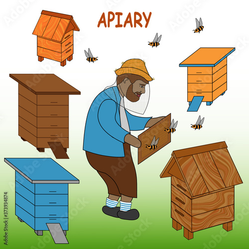 Working day in the apiary. The beekeeper is collecting the honey. There are hives and bees flying around