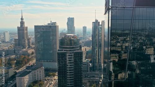 Aerial Panorama of Warsaw City. Urban Downtown Skyline with Glass Skyscrapers