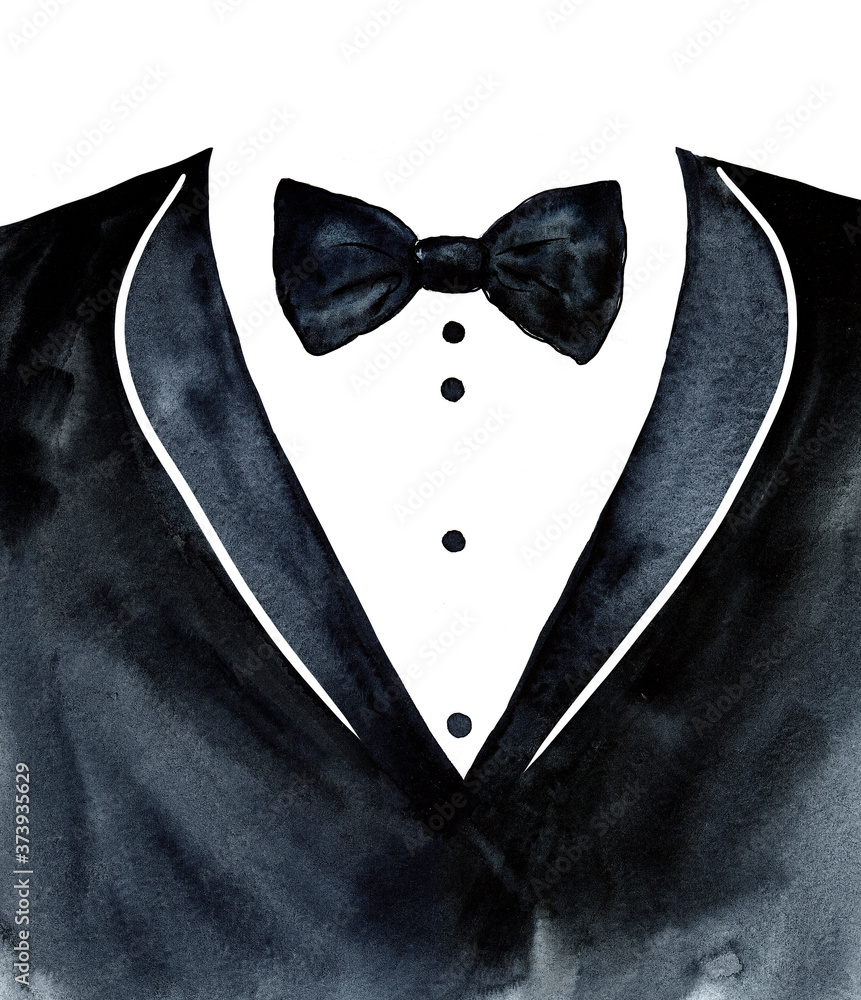 watercolor vertical illustration black suit tuxedo with a white stripe ...