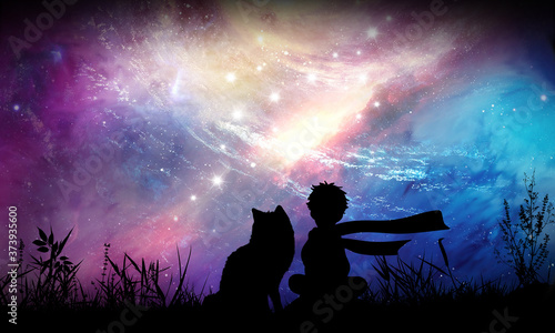 Tableau sur toile The Fox and the Little Prince cartoon characters in the real world silhouette ar
