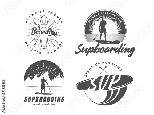 SUP boarding logos. Stand up paddling badges. Set of vector emblems with SUP boards, surfers and equipment