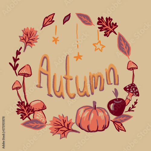 cute and simple illustration in warm orange colors. autumn wreath with handwritten text "Autumn"