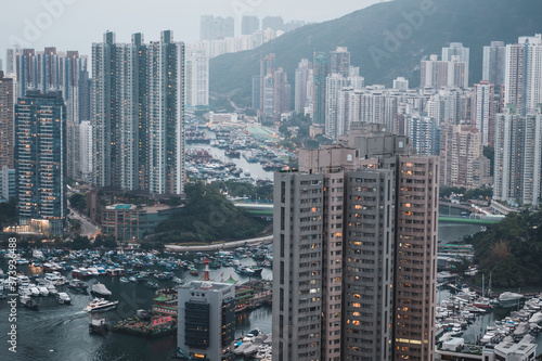 Aberdeen Typhoon Shelter, Hong Kong seen from (Brick Hill) Nam Long Shan, in Sunset time