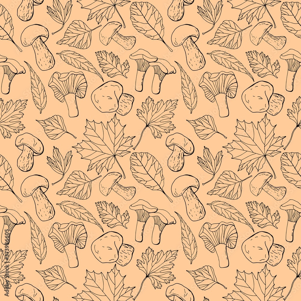 Fototapeta premium Autumnal seamless pattern. Line art. Various leaves and mushrooms. Stock illustration.