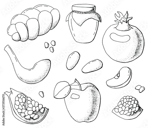 Set of products for the Rosh Hashana holiday. Pomegranate, honey, apple, dates, shofar. White background, isolator. Stock illustration.
