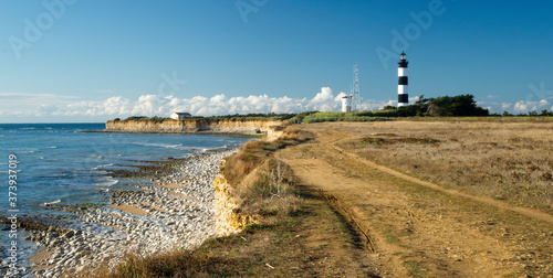 Lighthouse with blue sky, golden cliffs during summer in chassiron, Oleron Island, France.