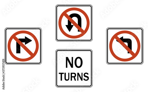 Red circle prohibition road sign set. No left turn, no right turn, no U-turn. Turn and turning back is forbidden. Vector illustration of traffic sign isolated on white background.
