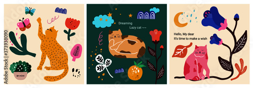Cute   lazy cat character collection. Each scene combines natural decorative elements such as cats  butterflies  flowers  and trees to create a story and complete it with a modern illustration.