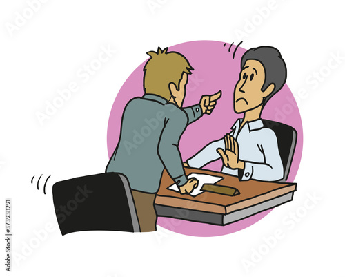 Angry man threatening and pointing with his finger to his boss, or to an office worker sitting on his desk. Cartoon style vector illustration.