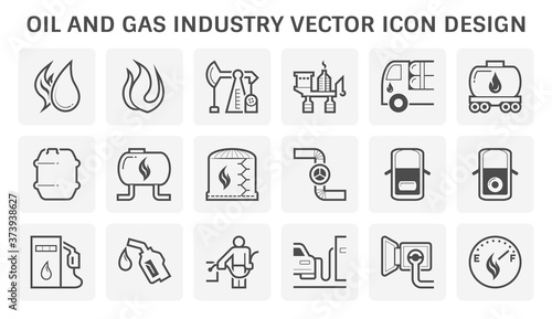 Oil and gas industry icon i.e. global process of exploration, extraction and refinery. Transport by oil tanker and pipeline. Business of petroleum product. Gas station and refuel. Vector icon set.