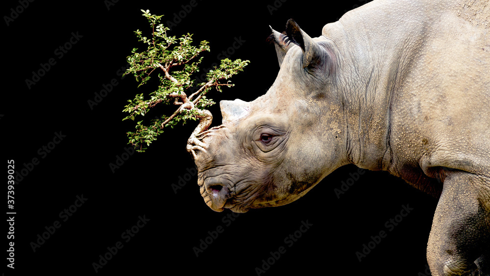 Fototapeta premium Surreal image of a rhinoceros with a tree growing where it's horn should be