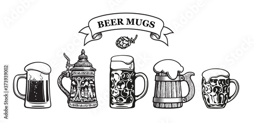 Set of traditional beer mugs. Vector illustration.