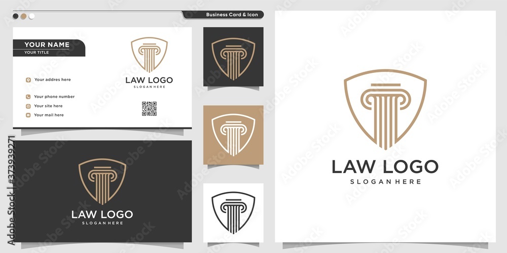 Law logo with line art shield style and business card design template Premium Vector