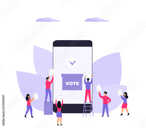 Remote voting. Tiny voters near a huge smartphone ballot box cast a vote.