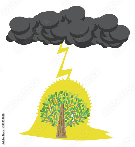 雷雲が木に落雷を落とす風景・自然のイラスト。