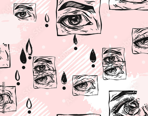 Hand drawn vector abstract flat stock graphic icon illustration sketch seamless pattern with manga female eyes and simple textured collage shapes isolated on white background
