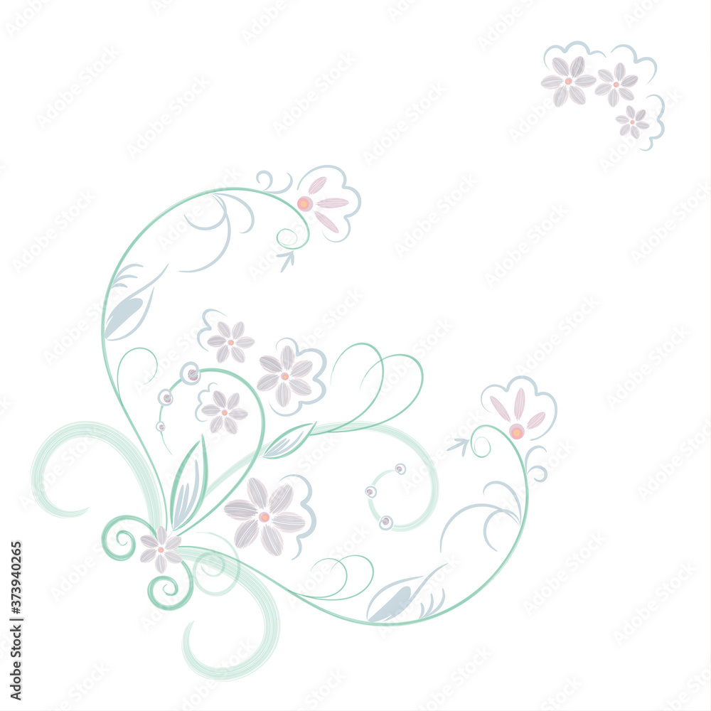 Vector decorative floral pattern. Imitation of pastel technique, decorative leaves, flowers and curls on a white background. Print for the design of scarves, hijabs, napkins, tiles.