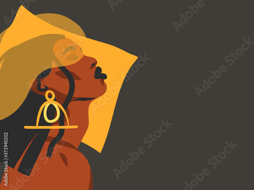 Hand drawn vector abstract stock flat graphic illustration with ethnic tribal black beautiful african american woman and golden earrings simple style ,isolated on black background