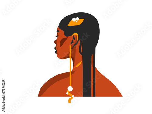 Hand drawn vector abstract stock flat graphic illustration with ethnic tribal beautiful diverse african american woman and golden jewelry in simple style ,isolated on white background