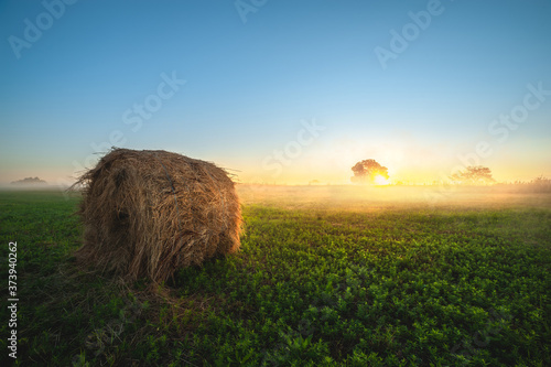 haystack on green field under the beautiful blue cloudy sky at sunrise. foggy morning. autumn landscape