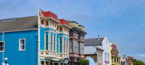Colorful houses in Ferndale in Humboldt County, California, USA, famous for its Victorian architecture, a sunny day in summer photo