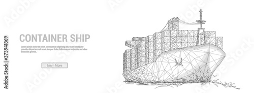 Сontainer ship, cargo ship in futuristic polygonal style with wireframe, triangles low poly on blue background with stars. Marine Logistics Banner. Worldwide cargo ship. Vector illustration