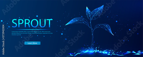 Sprout. The concept of growing plants. Abstract illustration isolated on a blue background. Save the planet, nature, environment. Grow life, polygon, triangles, low poly, vector illustration.