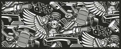 Naklejka Seamless background with vintage cars for dark background. Ideal for printing for fabric, wall decoration, and many other uses