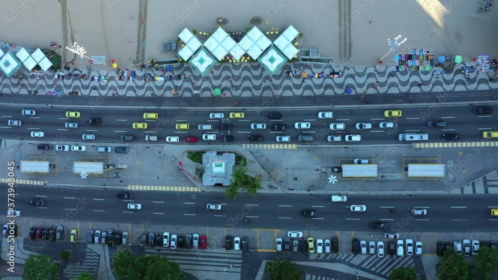 Copacabana Brazil top down of famous promenade and traffic. Copacabana Brazil top down of famous promenade and traffic.