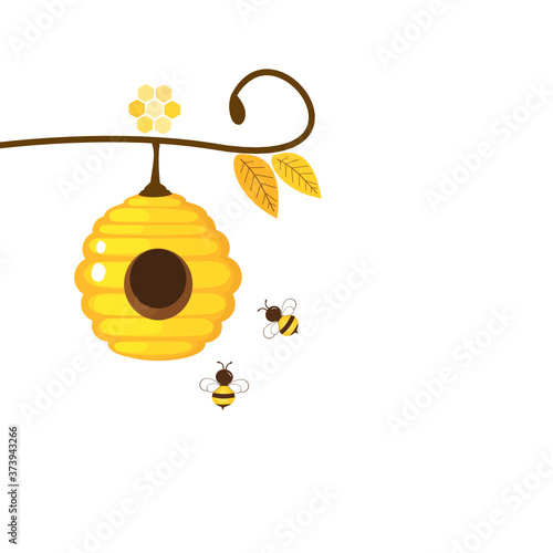 Cute bee cartoon character with bee hive in a tree branch isolated on a white background vector illustration.