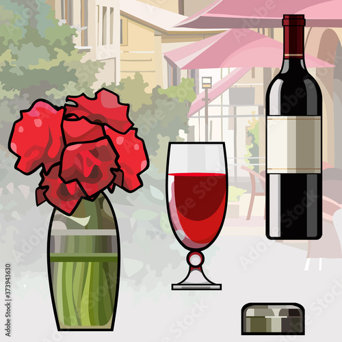 cartoon items wine bottle wine glass vase of flowers