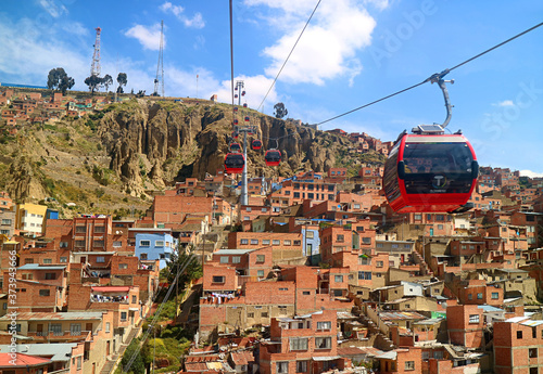 Amazing cityscape of  La Paz with Mi Teleferico, the aerial cable car urban transit system serving La Paz–El Alto metropolitan area, Bolivia