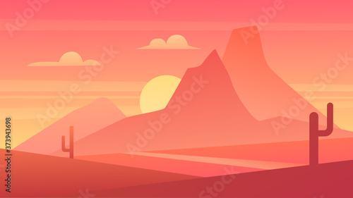 Desert scenic nature landscape vector illustration. Cartoon flat panoramic Mexican sand desert scenery with cactuses, rising sun behind mountains silhouettes, sunset or sunrise hot natural background