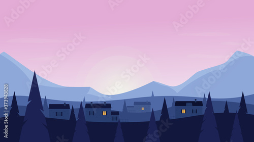 Sunrise or sunset country farm landscape vector illustration. Cartoon flat countryside farmland scenery with rising sun and village houses among pine trees, morning or evening nature scene background