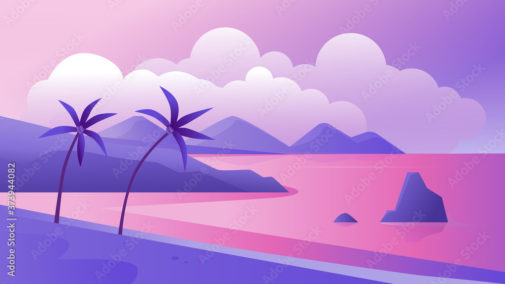 Night tropical coast landscape vector illustration. Cartoon flat tropics purple romantic panoramic scenery with evening beach, palm trees and sea, exotic paradise island coastline scene background