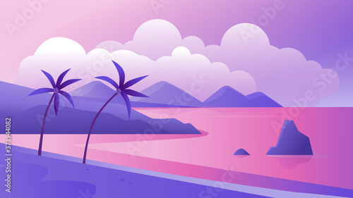 Night tropical coast landscape vector illustration. Cartoon flat tropics purple romantic panoramic scenery with evening beach, palm trees and sea, exotic paradise island coastline scene background