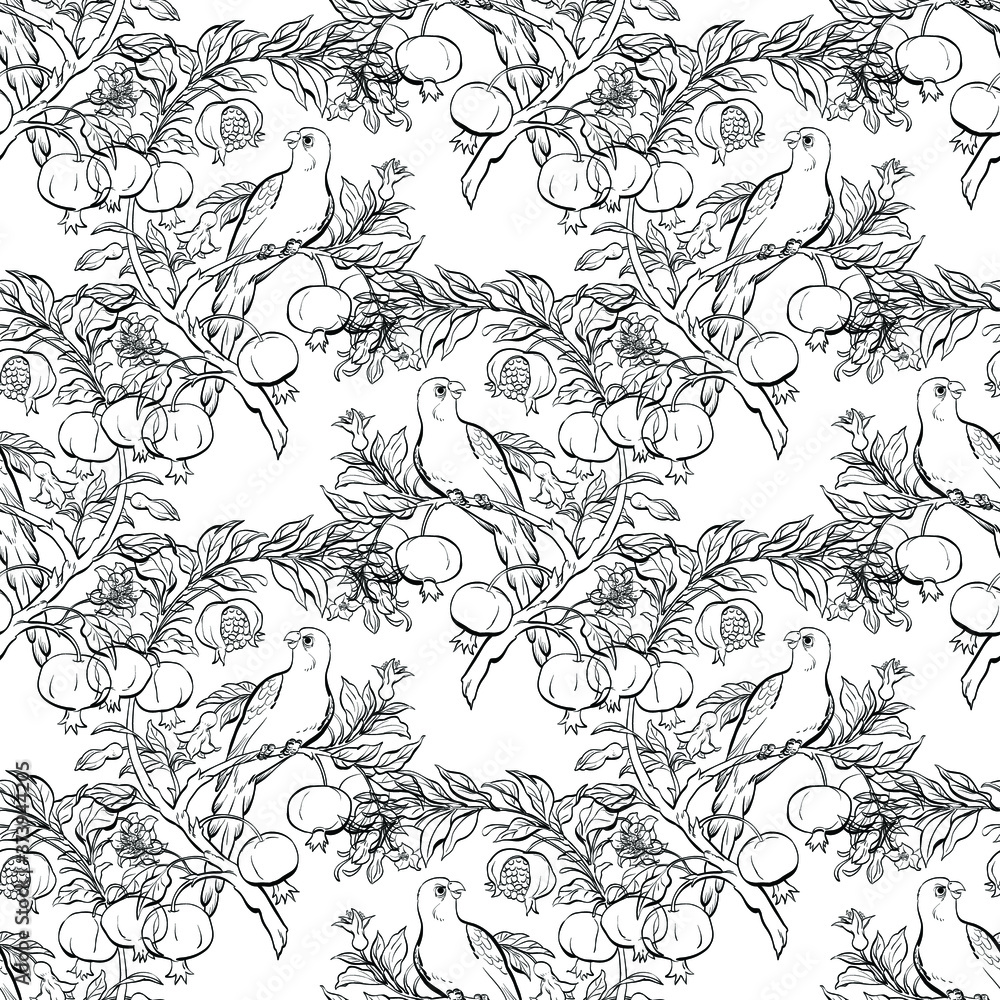 Parrot on pomegranate tree with flowers and fruits.Vector seamless background pattern